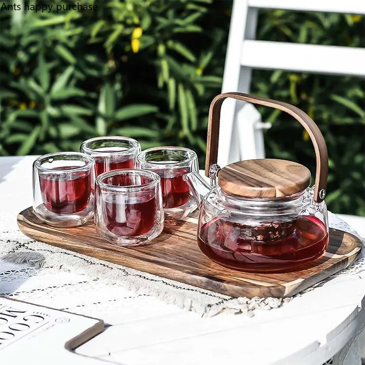 

6 Sets / Set Kung Fu Tea Set Transparent Glass Teapot Sets Anti-hot Double Cup Japanese Cold Kettle Wooden pallets Tray set Gift