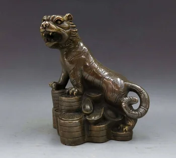 

zhmui8800626291<<+6" China brass copper fine Feng Shui money YuanBao lucky Tiger Sculpture Statue