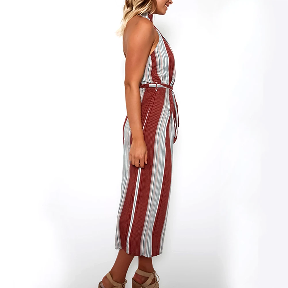 Halter Belt Striped Sleeveless Jumpsuits