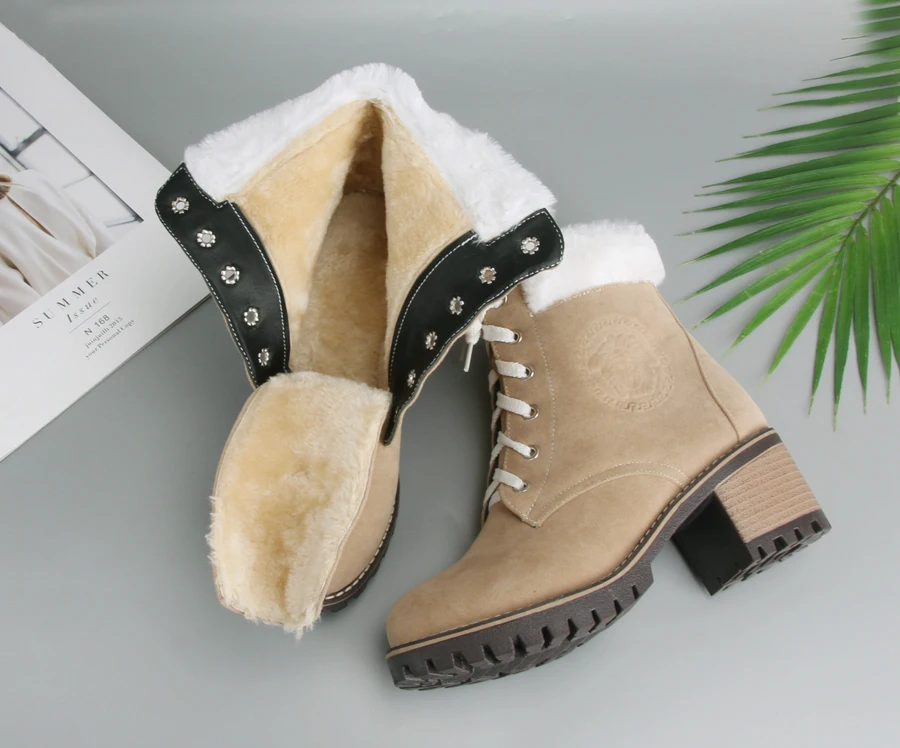 Meotina/ботильоны зимние ботинки женские ботинки на высоком квадратном каблуке теплая женская обувь на шнуровке из плюша цвет коричневый, черный, бежевый, размер 42, 43