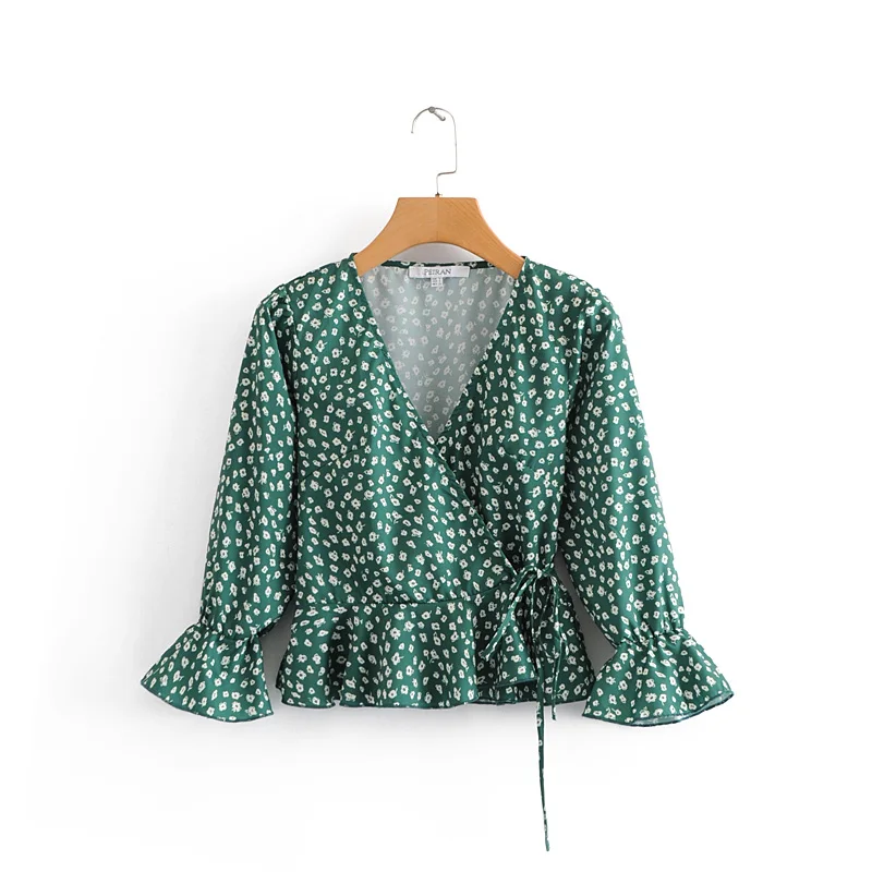 

Spring Fashion Flare Sleeve Tiny Floral Print Blouse Women V-Neck Ruffles Sashes Wrapped Shirts Kimono Tops Long Sleeve