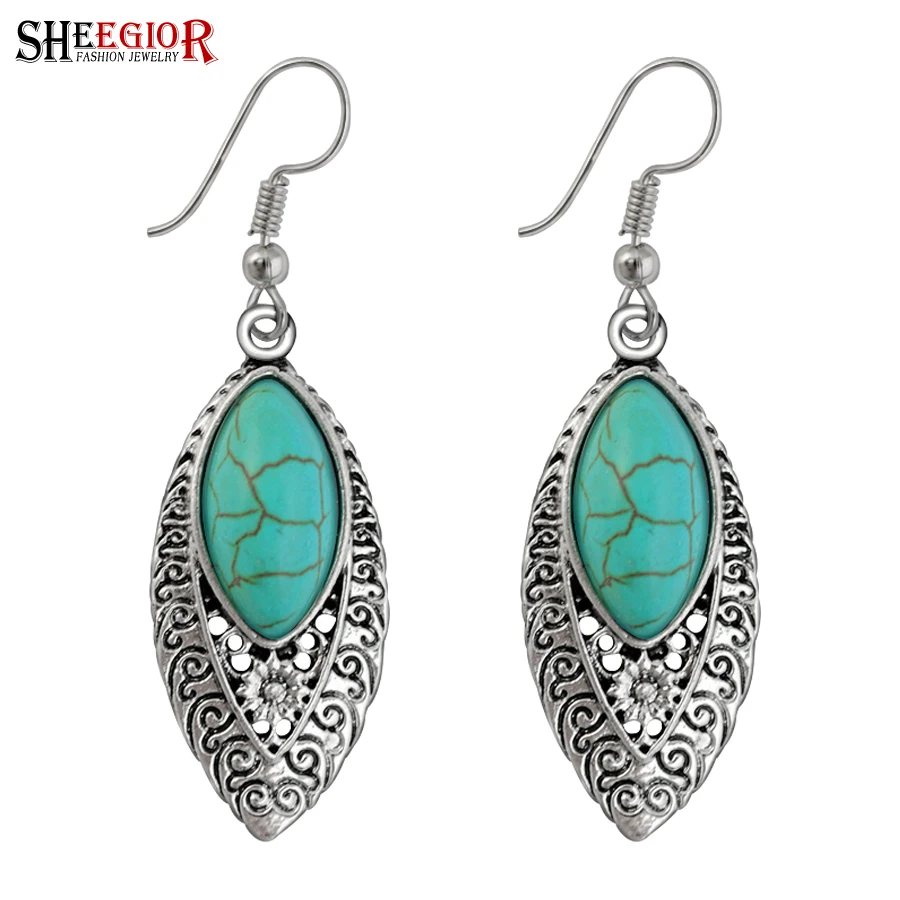 

Boho Ethnic Vintage Dangle Earrings for Women Accessories Silver Hollow Leaves Turquoises Drop Long Earring Fashion Jewelry Gift