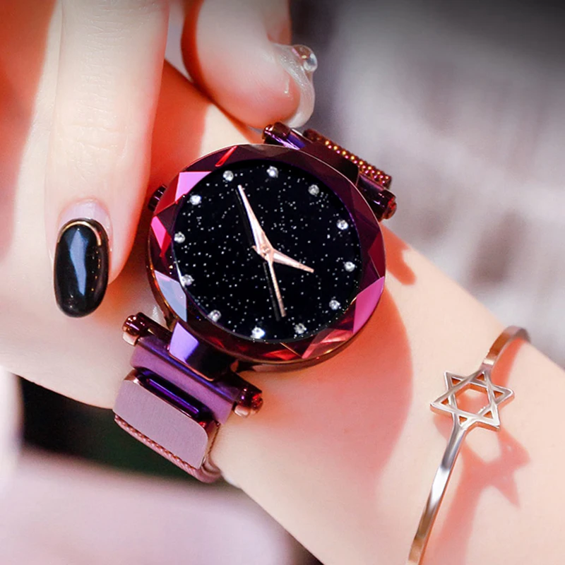 Women Starry Sky font b Watch b font Luxury Magnetic Buckle Mesh Band Quartz Wristwatch Female