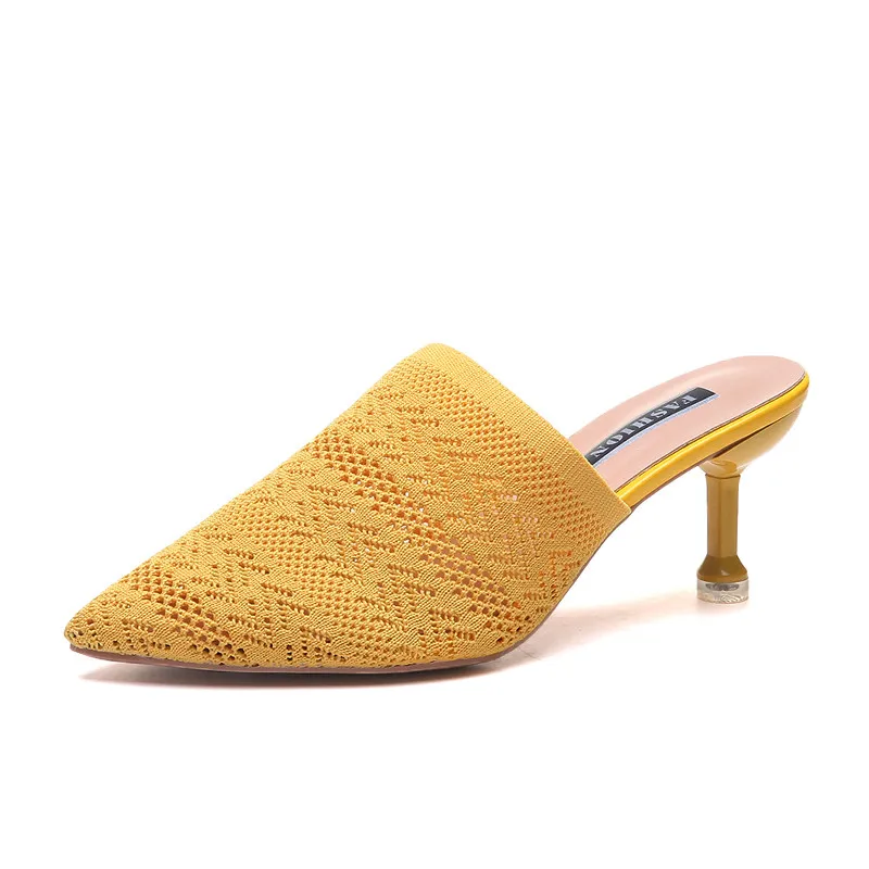 Yellow Summer Pointed Toe Women Sandals High Heels Yellow Fashion Slip On Mules Hollow Fabric Slides Thin Heels Slipper Sandalias Mujer - Цвет: Yellow
