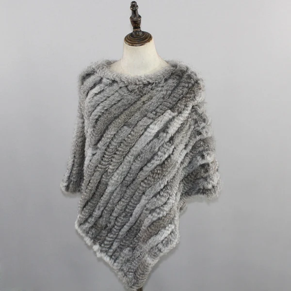 Women fashion Poncho real Rabbit Fur New Knitted real Rabbit Fur Shawl Genuine Rabbit Fur Poncho natural Fur capes - Цвет: natural grey