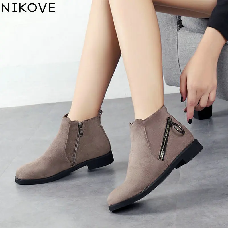 

NIKOVE 2019 Women Ankle Boots Pu Leather All Match Zipper Low Heel Winter Boots Women Shoes Black Winter Shoes Size 34-43