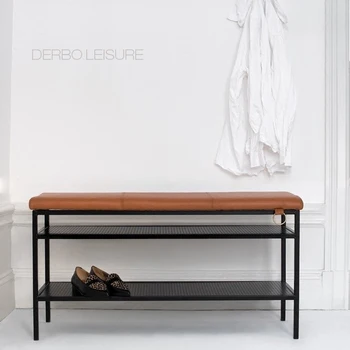 

Modern Classic Design multi function PU Leather Metal Loft Fashion Shoes Changing Low Stool Bench with storage shelves Rack 1PC