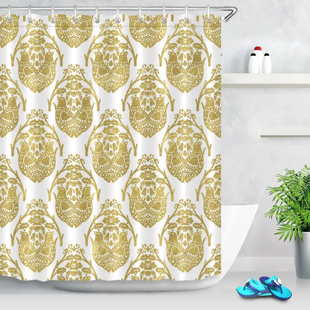 

LB 72'' 12 Hooks Waterproof Gold Birds and Tree Branch White Shower Curtain Set Bathroom Curtains Fabric for Bathtub Home Decor