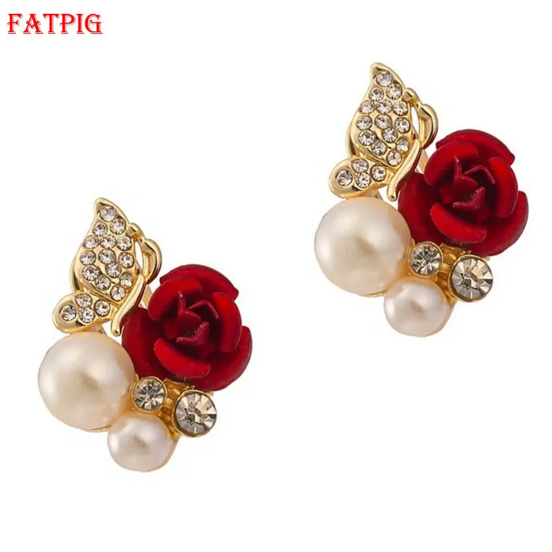 

Trendy Rose Flower Earrings Exquisite Design Red Rose Stud Gorgeous Crystal Rhinestone Pearl Gold Stud Earring for Women