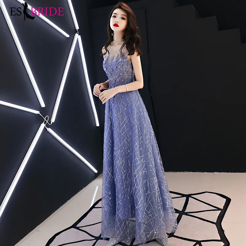 

Royal Blur Formal Dress Women Elegant Sleeveless Sexy Muslim Evening Dress Party Princess O-neck 2019 Evening Dresses ES2595
