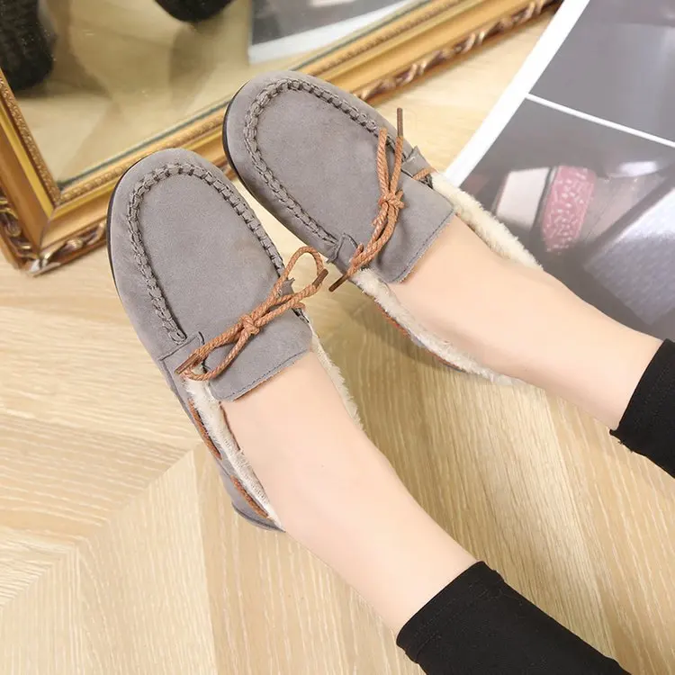 New Lace Up Autumn Winter Women Flats Simple Sewing Warm Fur Comfort Cotton Shoes Woman Loafers Sweet Single Shoes Size 35-40 - Цвет: grey