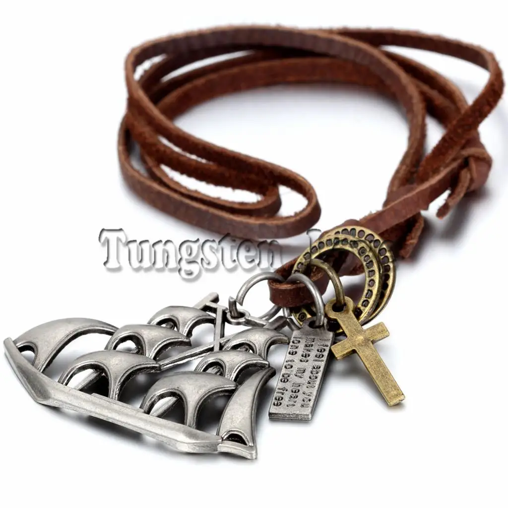 

New Leather Necklace Punk Vintage Jewelry collares Sailing Cross Pendant Necklace for Men 80cm long Chain adjustable