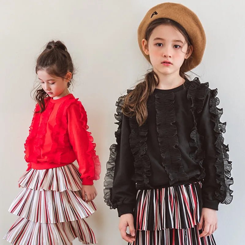

ruffles autumn hoodies for teenage girls red black long sleeve o-neck cotton shirts tops children 2018 school hoodies clothing