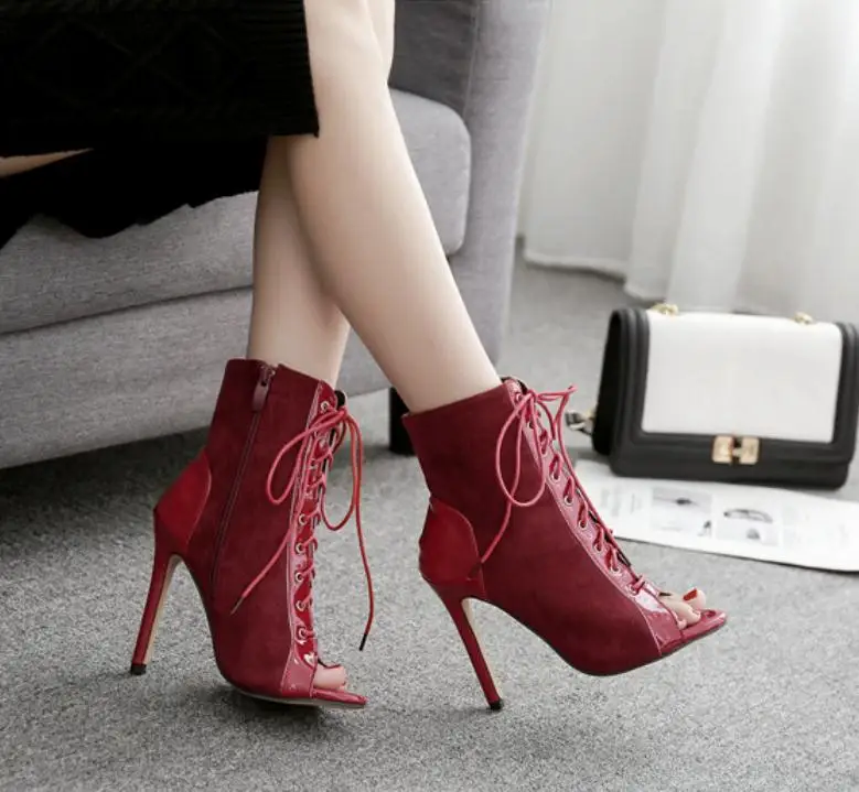 

New age season cross strap red boots and high-heeled shoes fashion female boots fish mouth shoes