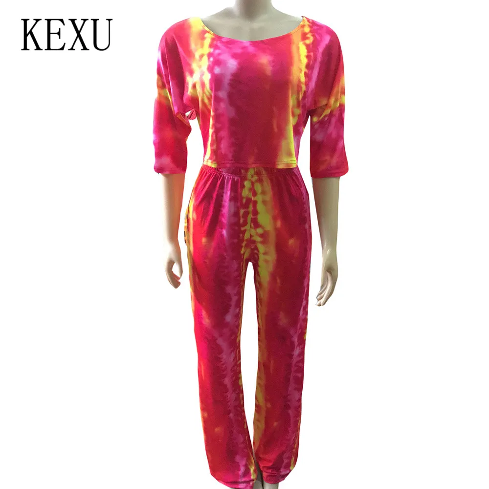 KEXU Retro Tie Dyed 2 Pieces Sets Half Sleeve O Neck Top and Loose Pants Elegant Women Casual Playsuits Femme Summer Mono Mujer KEXU Retro Tie Dyed 2 Pieces Sets Half Sleeve O Neck Top and Loose Pants Elegant Women Casual Playsuits Femme Summer Mono Mujer
