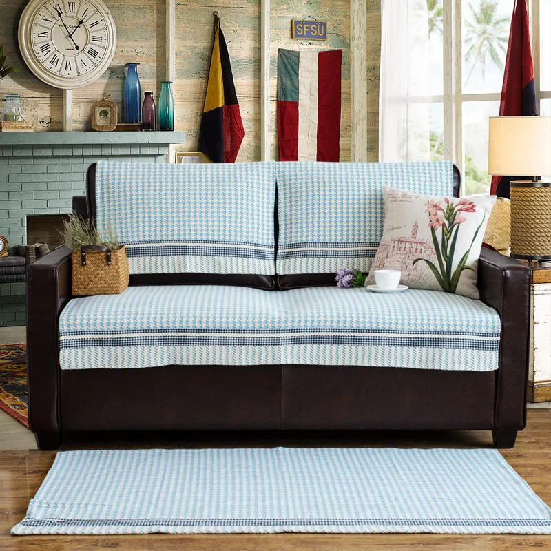 American style light blue striped cotton linen thick sofa cover