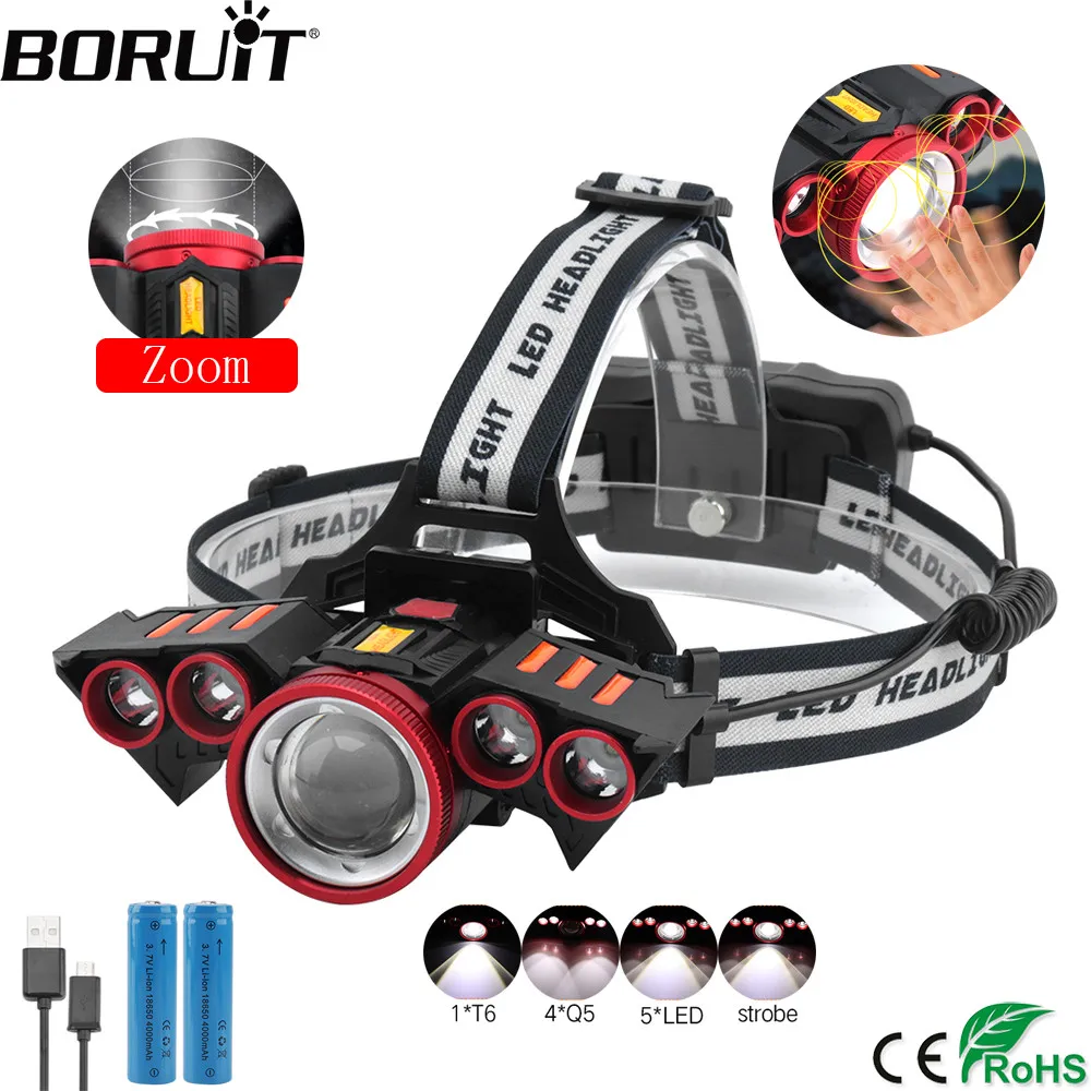 cheap BORUiT T6+4*Q5 LED Motion Sensor Headlamp 60000lumens Rechargeable Headlamp 4 Mode Zoom Head Torch by 18650 Battery Flashlight