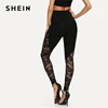 SHEIN Black Sexy Elegant Sheer Floral Lace Insert Skinny Leggings Summer Women Going Out Trousers Bottoms Women's Women's Clothing