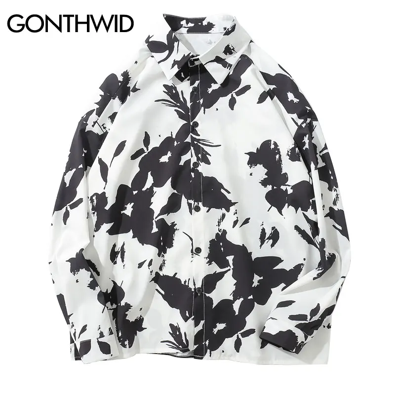 

GONTHWID Mens Flower Printed Long Sleeve Shirts 2019 Male Vintage Casual Tie Dye Hawaiian Shirt Black White