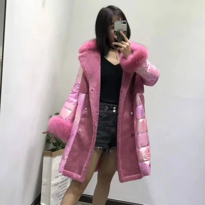 

sheep fur coat winter women 2019 white duck down jacket wool plus size parka real fur turn-down collar with geniune fox fur