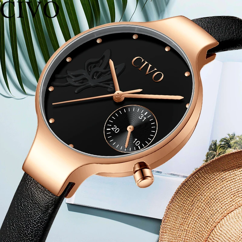 

CIVO Black Fashion Casual Watch Waterproof Genuine Leather Watchband Butterfly Decoration Quartz Clock Ladies Ultra Thin Watches