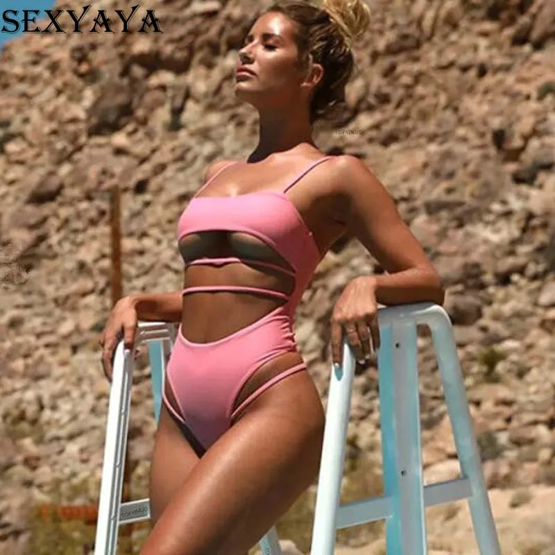 

2018 Sexy One Piece Swimsuit Women Fused Swimwear Female Bather Thong Backless Monokini Beach hollow out Bathing Suit female