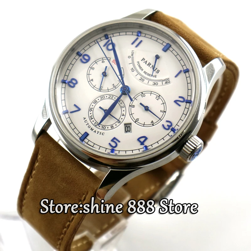 

42mm parnis white dial Camel strap Multifunction Sapphire Glass 26 jewels miyota 9100 Automatic mens Watch