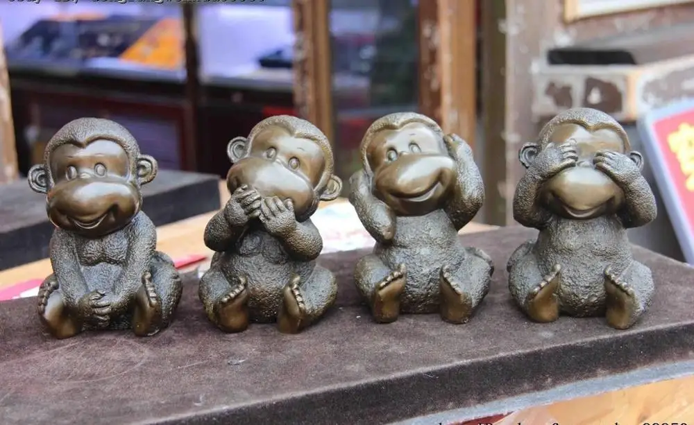 China Folk Bronze Copper Home Feng Shui lovely Four Monkey Monkeys Statue Set | Дом и сад