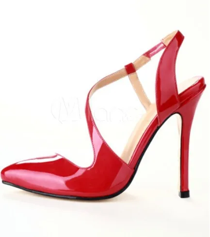 Новинка; Модные женские босоножки на высоком каблуке 11 см из лакированной кожи с острым носком; ; Цвет Красный Размер: 35-43