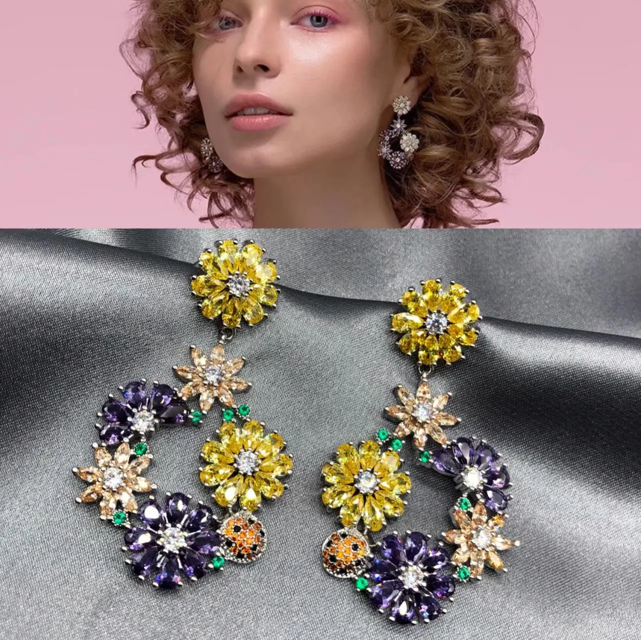 

Flowers Color Drop Crystal Dangle Earrings 925 Pure Silver Cubic Zirconia Garden Series Woman Eardrop Jewelry New