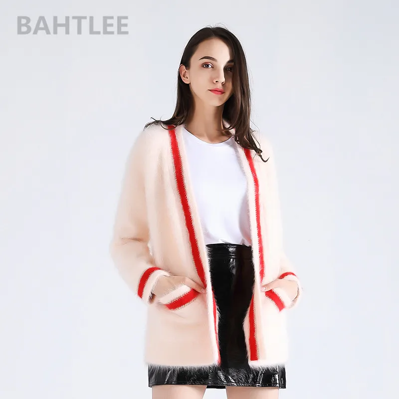 

BAHTLEE winter women's angora cardigans knitting sweater mink cashmere long sleeve looser v-neck pockets keep warm