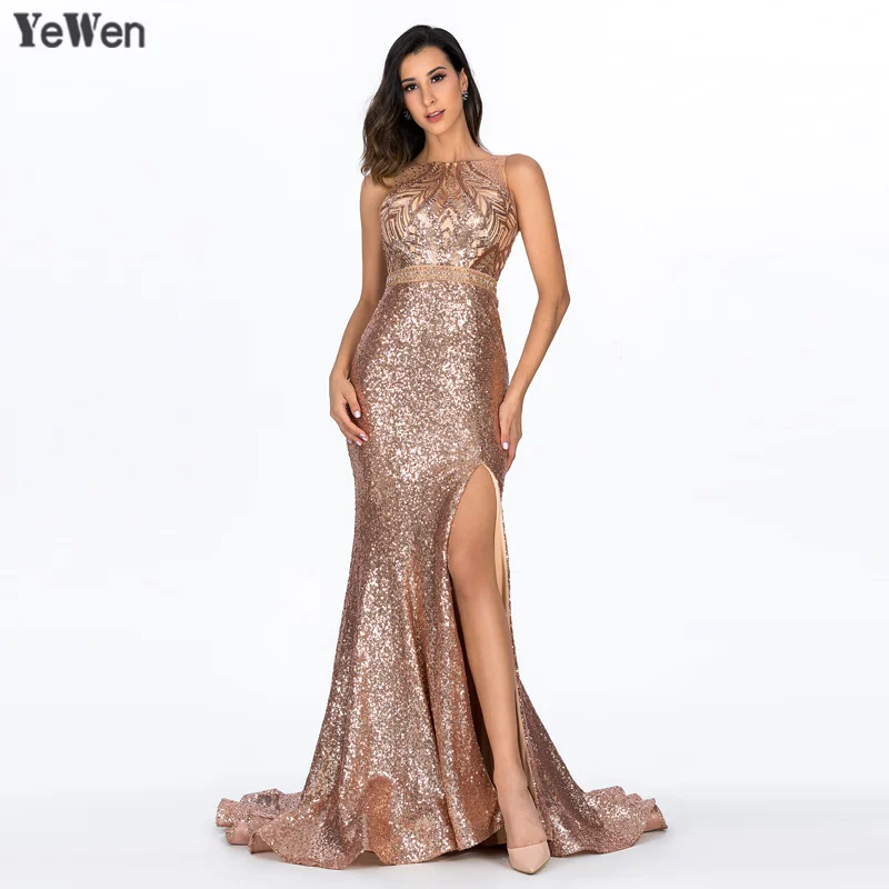 

YeWen Evening Dress 2018 Long Elegant Gold Sequined deep V Neck Women Long Sexy Backless Prom Dress High Split Vestido de Festa