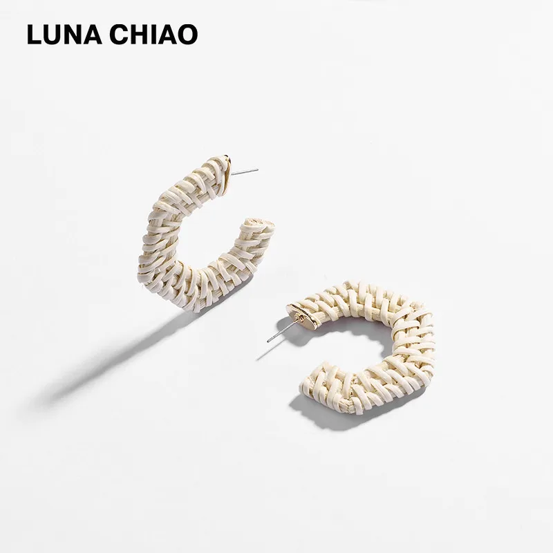 Женские плетеные серьги кольца LUNA CHIAO цветные геометрические из ротанга