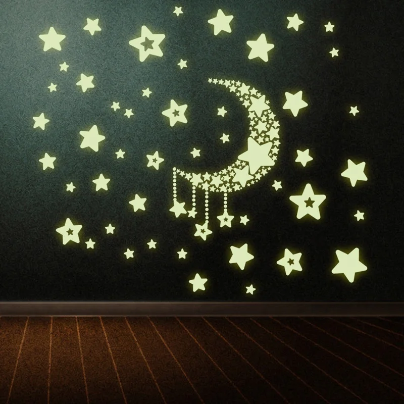 2 PCS Shining Stars Moon Wall Stickers Fluorescent PVC Home Decor Wall