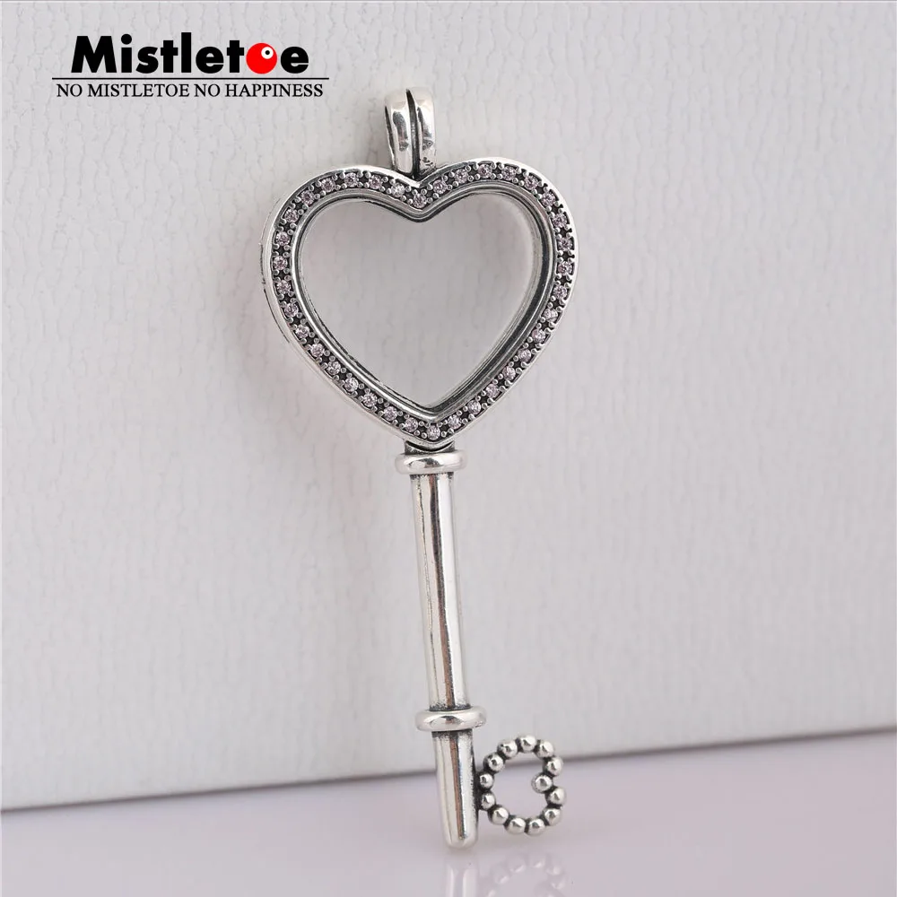 

Mistletoe Authentic 925 Sterling Silver Large Floating Locket Heart Key, Sapphires Crystal & Fancy Fit European Necklace Jewelry