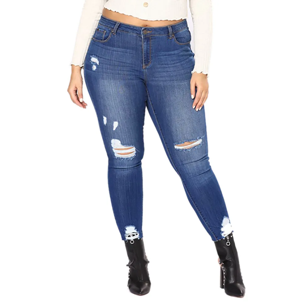 

JAYCOSIN Women Clothes Jeans Sexy Plus Size Skinny Stretch Denim Trousers High Waist Slim Bleached Hole Ripped Jeans Femme 2019