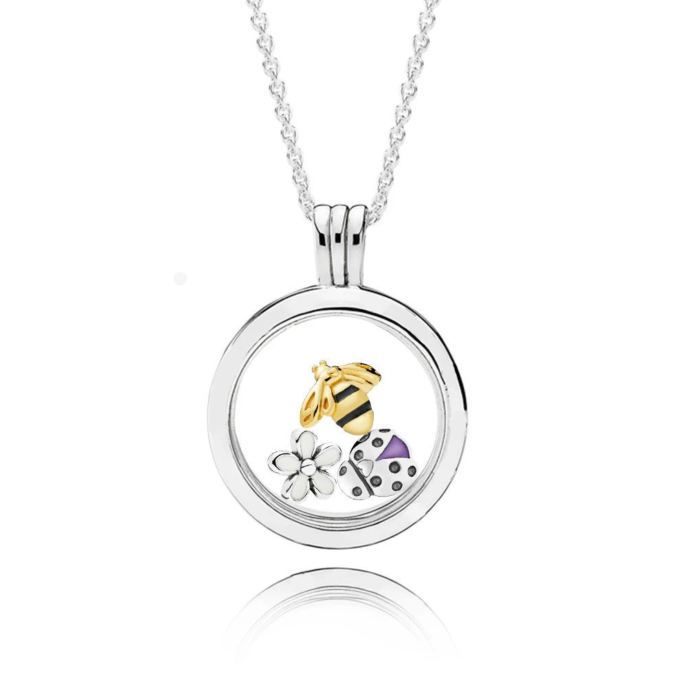 

2019 100% 925 Sterling Silver 1:1 Genuine Magical Meadow Locket Necklace Set Shine And Mixed Enamel Floating Box Set