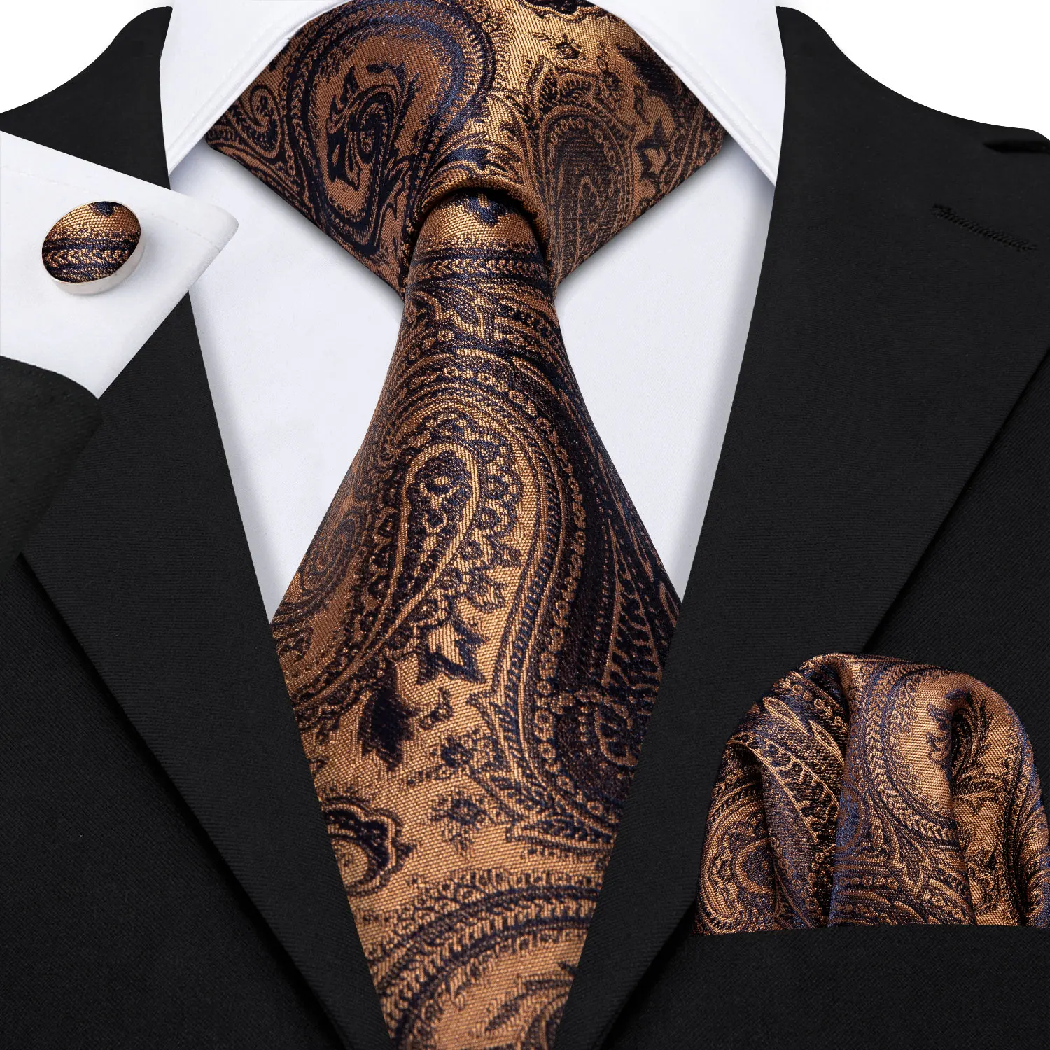 Barry.Wang, новые дизайнерские золотые мужские шелковые галстуки с узором пейсли, коричневый галстук с гравировкой, набор носовой коробки, подарки для мужчин, Свадебные Галстуки для жениха, LS-5162