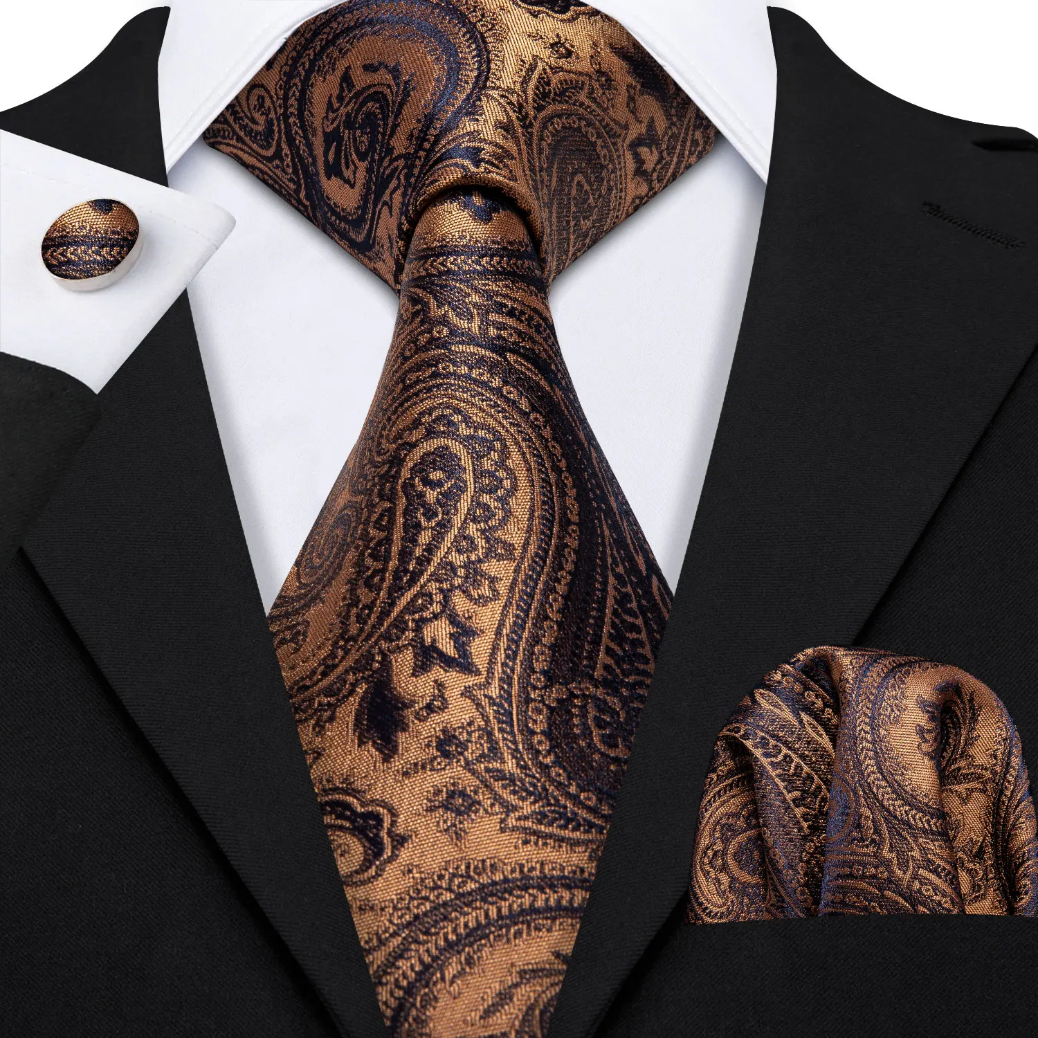 

Barry.Wang New Designers Gold Paisley Mens Silk Ties Brown Gravat Tie Hanky Box Set Gifts For Men Wedding Groom Neckties LS-5162