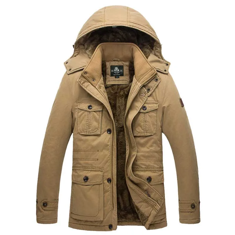 Американские военные куртки, зимние мужские флисовые пальто с капюшоном, теплая Толстая ветровка, свободная парка с большим карманом, Мужская одежда, большой размер 8XL - Цвет: Хаки