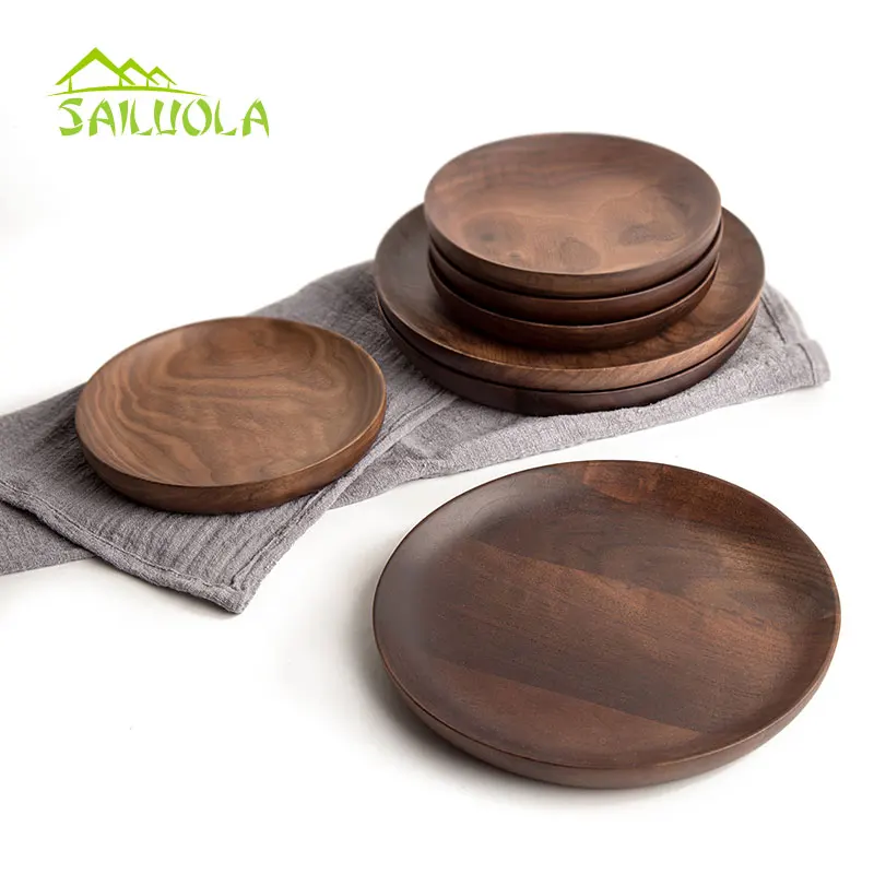 

15/20cm High Quality Black Walnut Wood Fruit Plate Dessert Dish Tray Japanese Style Wooden Tableware
