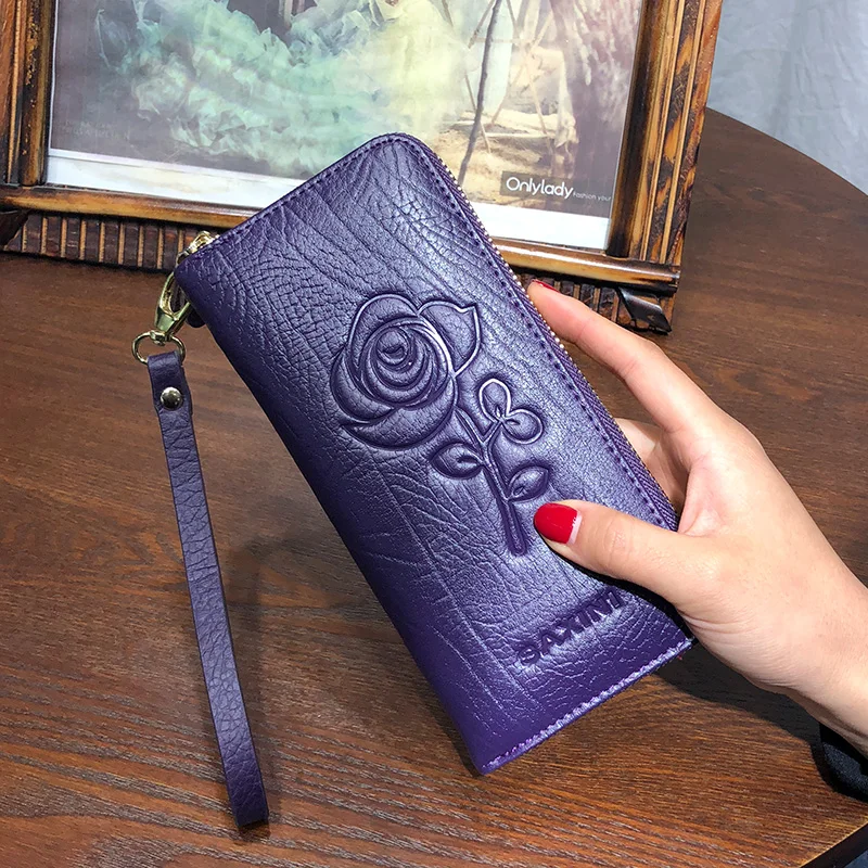 

AOEO wallet women leather genuine Long Zipper large capacity 5 Color Black Red Flower Printing Purse Wristlet Wallets Female