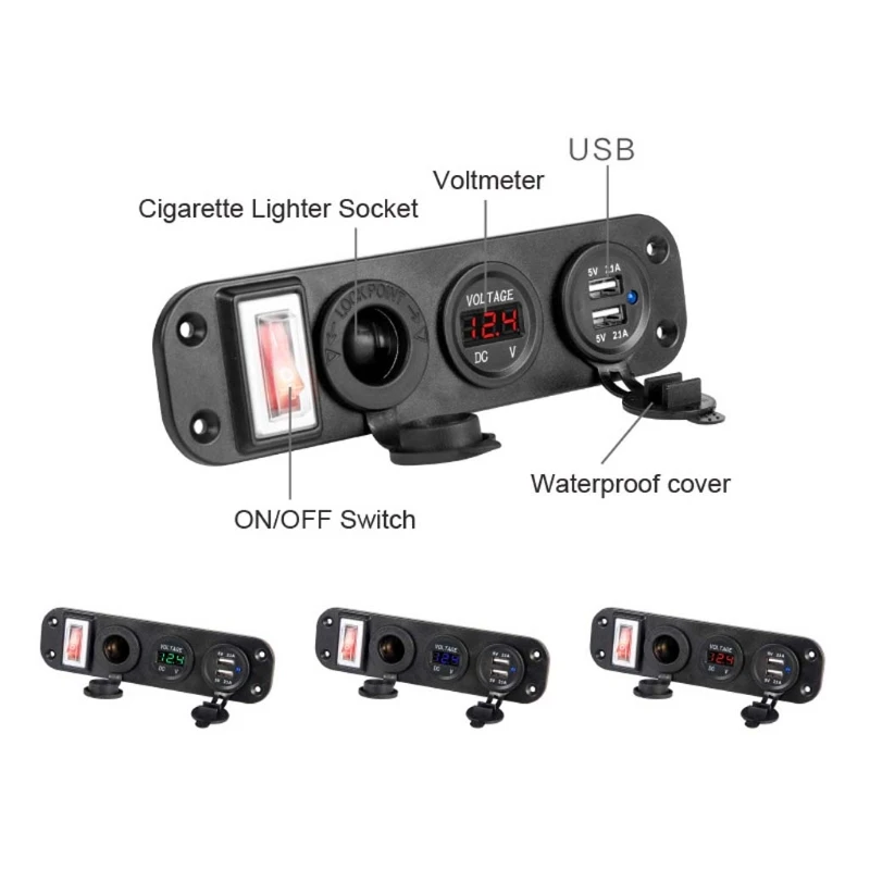 Car Charger Dual USB Adapter 12V Cigarette Lighter Socket LED Voltmeter Switch