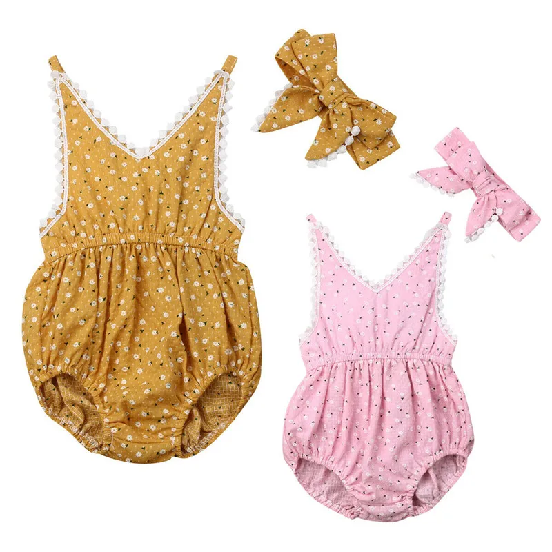 

2019 Summer Clothing Newborn Infant Baby Girls Sleeveless Tassel Floral Jumpsuit Bodysuit Clothes Headband 2Pcs Holiday Outfit