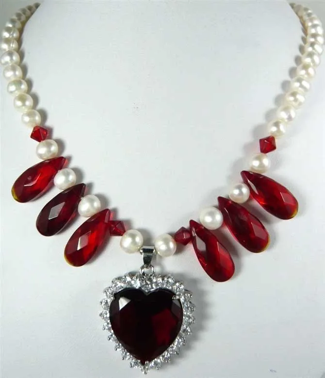 

Free shipping@@@@@ Accessories gift natural pearl 7-8mm white ruby necklace red heart fashion a