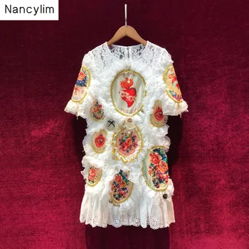 

Summer Autumn New Socialite Temperament Retro French Court Ruffles Elegant Lace Dress Female Lady White Vestidos Party Dresses