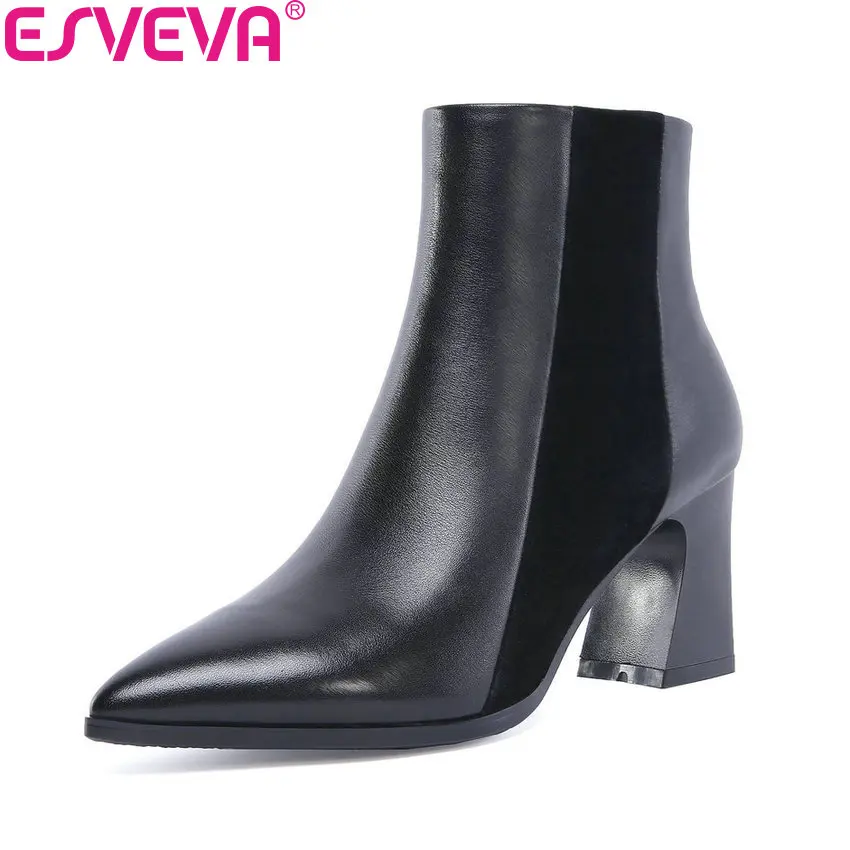 

ESVEVA 2019 Women Boots Zipper Ankle Boots Motorcycle Boots Square High Heels Pointed Toe Patchwork Ladies Boots Size 34-42