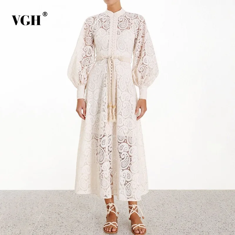 

VGH Summer Hollow Out A Line Women's Dress Stand Collar Lantern Sleeve High Waist Bandage Dresses Female Fashion New Tide 2019