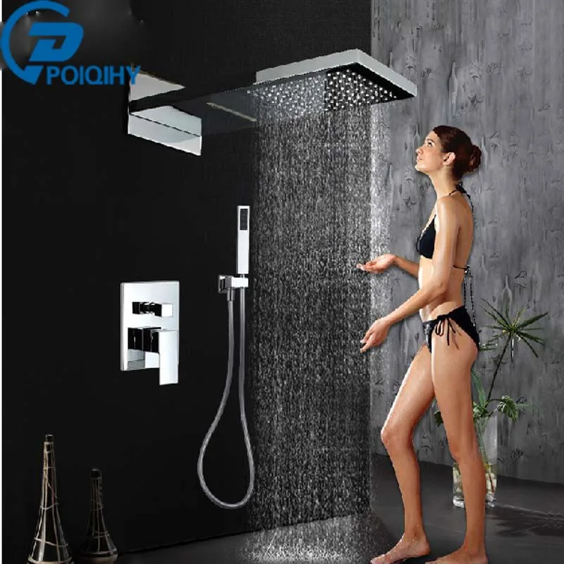 

POIQIHY Shower Set Faucet Wall Mounted Square Waterfall Rain Hand Shower Chrome Finish Solid Brass Sinlge Handle
