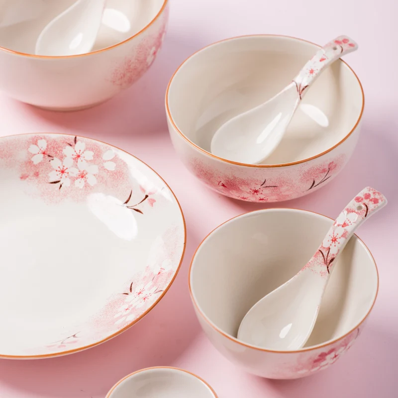 Pink Porcelain Plate Ceramic Dinner Dish Plate Rice Bowl Soup Plates Dinnerware Sets Tableware